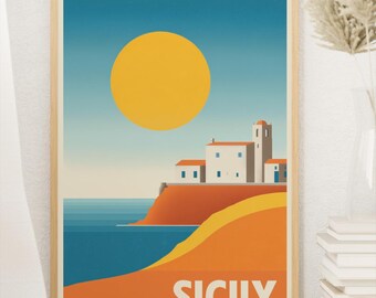 Póster de viaje de Sicilia, Italia: Lámina artística vintage de una puesta de sol mediterránea.