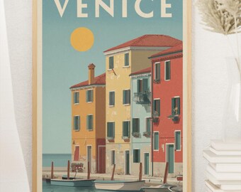 Póster de viaje vintage de Venecia, Italia: Impresión giclée de arte de los canales de mediados de siglo
