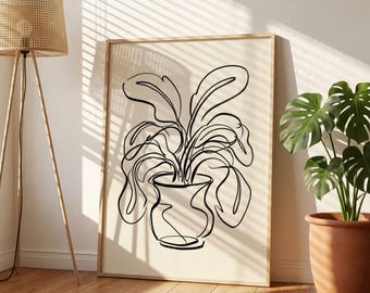 Arte lineal minimalista - Lámina moderna de planta en maceta