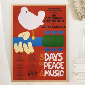 Woodstock Music Festival Vintage Poster - 3 Days of Peace & Music 1969 - Retro Concert Print - Giclée on Bamboo Paper -  Hippie Wall Art