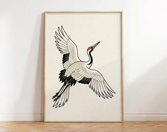 Póster artístico japonés de grulla - Ilustración minimalista de grulla de corona roja - Impresión giclée