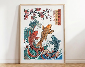 Lámina artística japonesa de peces koi - Póster moderno ukiyo-e de olas y flores de cerezo - Impresión giclée