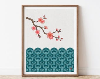 Estampado japonés de Sakura y olas Seigaiha - Arte botánico de flores de cerezo - Póster de paisaje moderno - Impresión giclée
