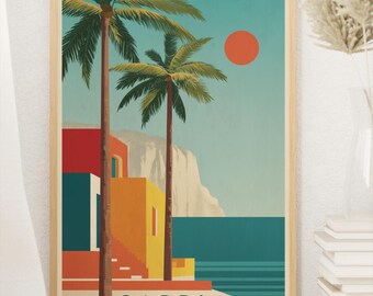Póster de viaje de Capri, Italia: Impresión giclée vintage con palmeras costeras.