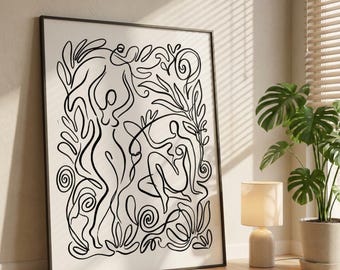 Arte lineal minimalista - Póster figurativo lineal inspirado en Matisse - Impresión abstracta de danza y botánica
