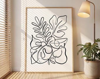 Arte lineal minimalista - Naturaleza muerta inspirada en Matisse - Lámina abstracta de botánica y frutas