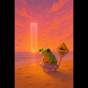 Timeless Beach – Surreal Frog Art Print, Dreamy Digital Download, AI Beach Artwork, Fantasy Printable Poster