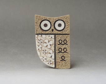 Wide awake owl brooch handmade stoneware with porcelain inlays