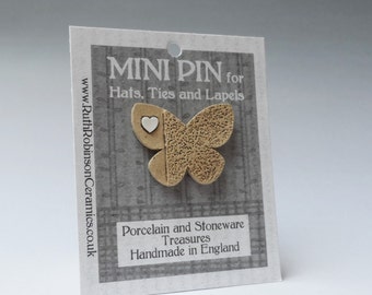 Butterfly pin button stoneware and porcelain mini art for wearing on hats, ties and lapels