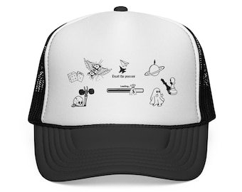 ミニマルな落書きアイコンのトラッカーキャップ | レトロタトゥースタイルのメッシュハット