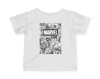 マーベルコミックコラージュ柄ベビーTシャツ｜アベンジャーズロゴ入りバック