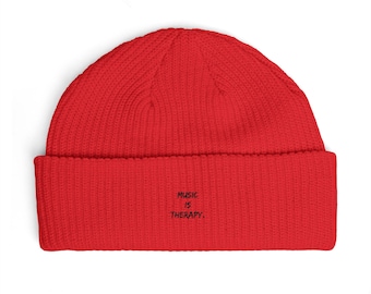 Music Is Therapy-beanie met manchet | geborduurde gebreide muts, accessoire voor muziekliefhebbers