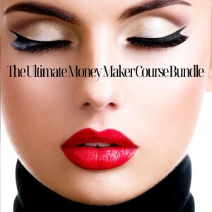 Peut inclure: Gros plan sur un visage aux yeux fermés et au maquillage audacieux. Les yeux sont mis en valeur par un fard à paupières doré et un eye-liner noir. Les lèvres sont d'un rouge vif, avec le texte "The Ultimate Money Maker Course Bundle".