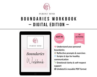 May include: A digital workbook displayed on a black tablet. The workbook cover is light pink with the title "Boundaries Workbook." Additional text includes "Digital Edition," "Edit in Canva," and bullet points listing features like reflective prompts and exercises.