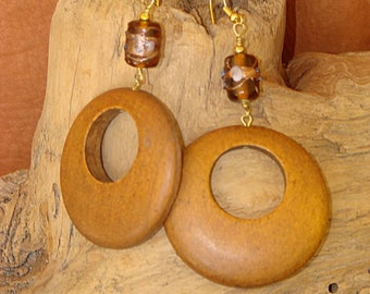 Wood Hoops & Brown Artisan Glass Handcrafted Earrings