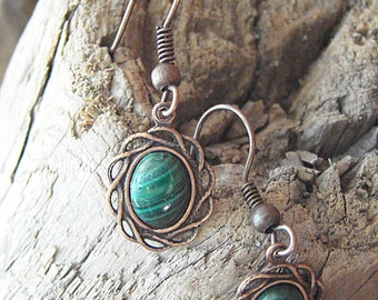 Malachite Earrings in Antiqued Copper Settings