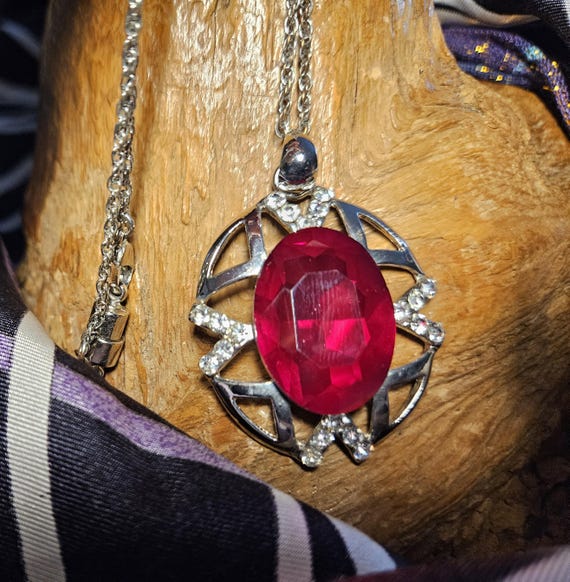 Ruby Red Statement Pendant with Clear Rhinestones… - image 4