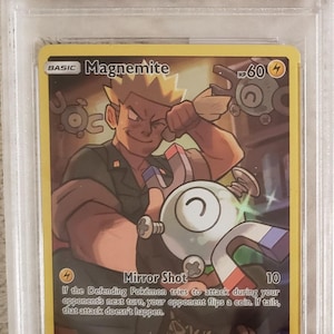 May include: A graded Pokémon card featuring Magnemite from the 2019 Sun & Moon Cosmic Eclipse set. The card displays a colorful illustration of a character with Magnemite. The card is graded GEM MT 10.
