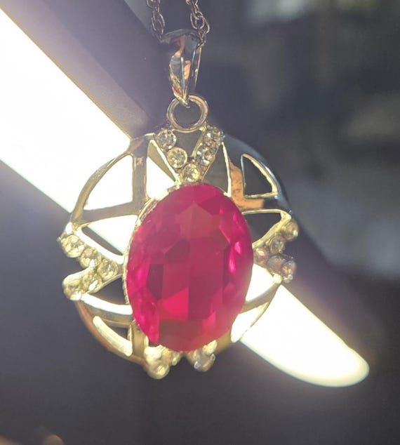 Ruby Red Statement Pendant with Clear Rhinestones… - image 3