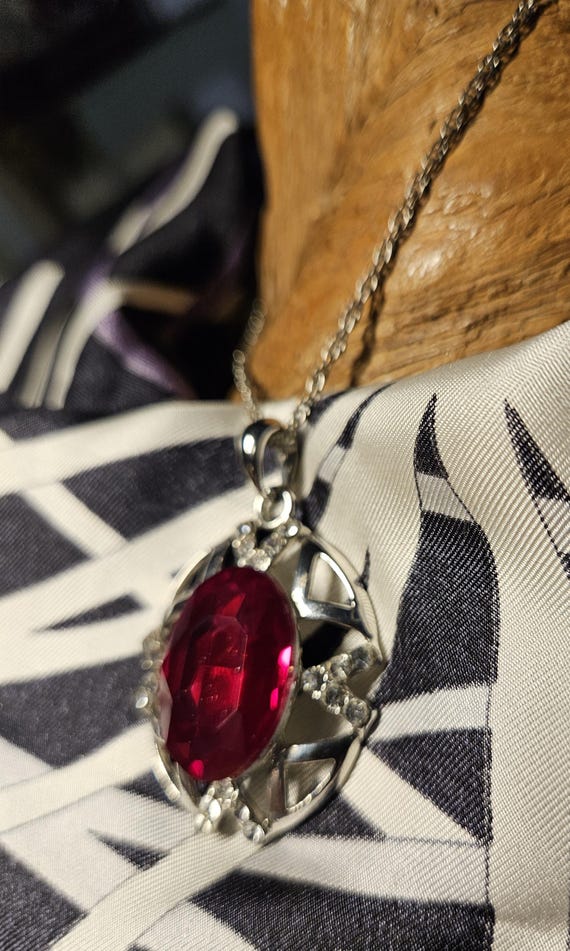 Ruby Red Statement Pendant with Clear Rhinestones… - image 6