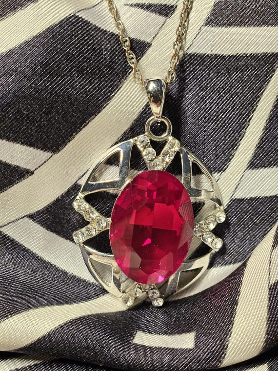 Ruby Red Statement Pendant with Clear Rhinestones… - image 8