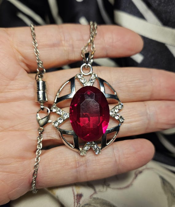 Ruby Red Statement Pendant with Clear Rhinestones… - image 1