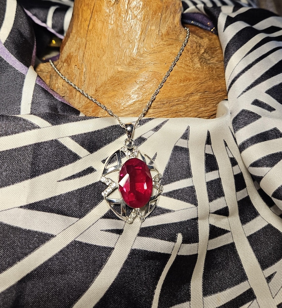 Ruby Red Statement Pendant with Clear Rhinestones… - image 7