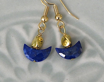 UU Chalice Earrings, Hypoallergenic Option, Small Lapis Lazuli Gemstone Crescent, Gold Twist Beads, Unique Gift, Unitarian Universalist