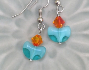 UU Chalice Earrings, Clear Turquoise Czech Glass Crescent, Swarovski Fireopal Crystal, Unitarian Universalist  jewelry, gift