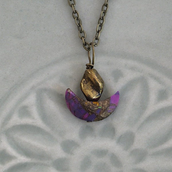 UU Chalice Pendant, Purple Copper Gemstone Crescent bead, Optional chain, Gender Neutral Gift,  Unitarian Universalist, Matching Earrings