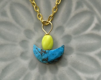 UU Chalice Pendant, Ukraine colors, Profits go to UNICEF, Turquoise Gemstone Crescent bead, Vintage Yellow Glass bead, Gender neutral gift