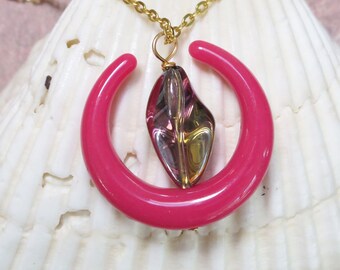 UU Chalice Pendant, Unitarian Universalist,  Bright Pink Magenta Crescent, Pink Gold Twisted Glass Bead, breast cancer aware, Optional Chain