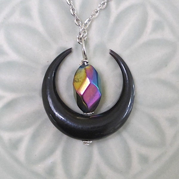 UU Chalice Pendant, Optional Chain, Black Balinese Carved Horn Crescent, Iridescent Glass Bead, Unitarian Universalist Gender Neutral gift