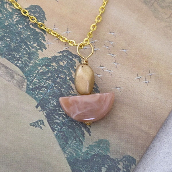 UU Chalice Pendant, Optional Chain, Gold Twist Glass Bead, Marbled Peach Tan Lucite Crescent, Unitarian Universalist gift, Matching Earrings