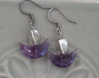 UU Chalice Earrings, Hypoallergenic Option, Amethyst Gemstone Crescent bead, Unique Gift, Unitarian Universalist, Matching Pendant