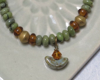 UU Chalice Bracelet, Green Jade gemstone beads, Topaz color Glass beads, Brass African handmade, Czech glass crescent, gender neutral gift