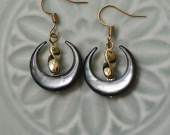 UU Chalice Earrings, Hypoallergenic Option, Black Mother of Pearl Crescent beads, Unique Gift, Unitarian Universalist