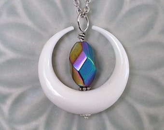 UU Chalice Pendant, Gender neutral gift, White Balinese Carved Horn Crescent, Iridescent Faceted Glass Bead, Unitarian Universalist