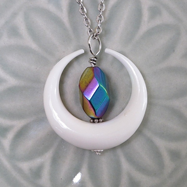 UU Chalice Pendant, Gender neutral gift, White Balinese Carved Horn Crescent, Iridescent Faceted Glass Bead, Unitarian Universalist