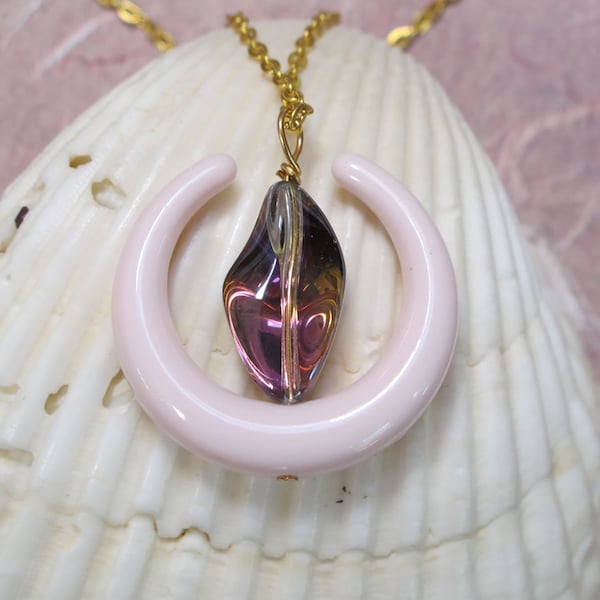 UU Chalice Pendant, Unitarian Universalist, Pale Pink Crescent Bead, Pink and Gold Twisted Diamond Shaped Glass Bead, Optional Chain