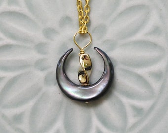 UU Chalice Pendant, Gender Neutral Gift, Optional Chain, Black Mother of Pearl Crescent, Unitarian Universalist, Matching Earrings available