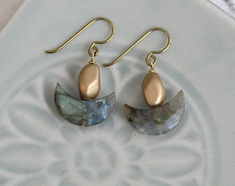 Labradorite Gemstone UU Chalice Earrings, Optional Hypoallergenic Hooks, Gold Glass Flame, Unitarian Universalist, Unique Gift