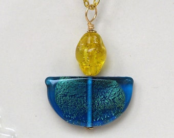 UU Chalice Pendant, Ukraine Colors, Profits Go to UNICEF, Blue Handmade Glass Crescent, Vintage Yellow Oval Lucite Bead, Gender Neutral gift