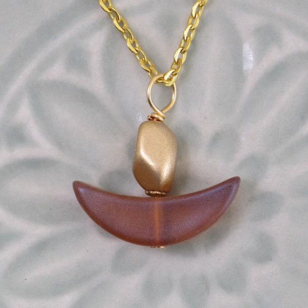UU Chalice Pendant, Unitarian Universalist, Vintage Topaz Lucite Crescent bead Twisted glass gold flame, Optional chain, gender neutral gift