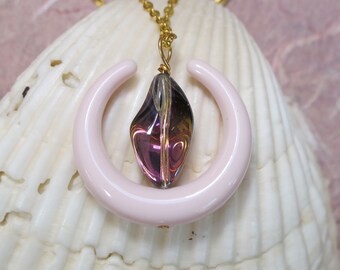 UU Chalice Pendant, Unitarian Universalist, Pale Pink Crescent Bead, Pink and Gold Twisted Diamond Shaped Glass Bead, Optional Chain