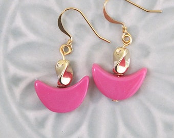 UU Chalice Earrings Pink Vintage Crescent, Brass Twist Flame bead, Unitarian Universalist gift, hypoallergenic option, pendant available