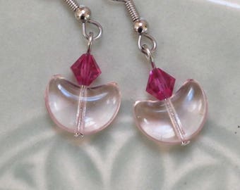 Unitarian Universalist Chalice Earrings, UU jewelry, Magenta Swarovski Crystal, Pink Czech Glass crescent beads