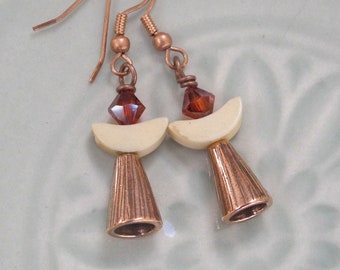 UU Chalice Earrings, Unitarian Universalist, Swarovski Crystal Flame, Vintage Crescent Beads, Textured Copper Cones