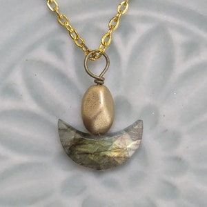 UU Chalice Pendant Labradorite Gemstone crescent, Optional Chain, Unique Anniversary Birthday Gift, Gold Glass Flame, Unitarian Universalist