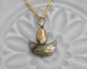 UU Chalice Pendant, Labradorite Gemstone crescent, Optional Nickel Free chain, Unique Gift, Gold Glass Flame, Unitarian Universalist